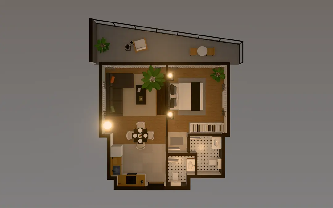 Floor plan of a one-bedroom apartment at dawn; scroll to move the sun through the day
